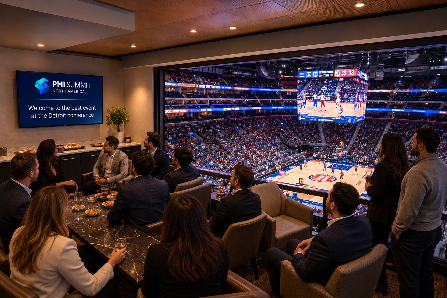 Guests in a private suite during a home game, the court visible through the glass